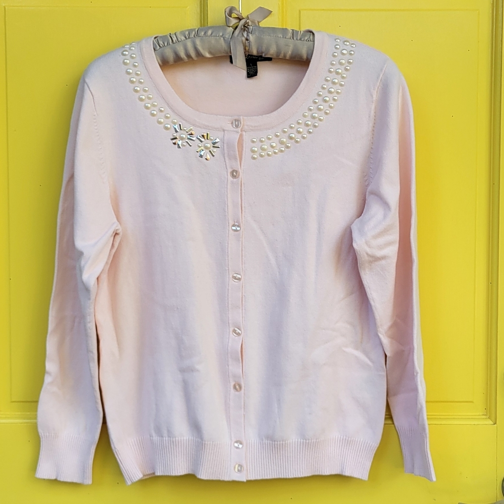 Top Knits Balletcore Pearl Mixed-Metal Embellished Petal Pink Cardigan Sweater L